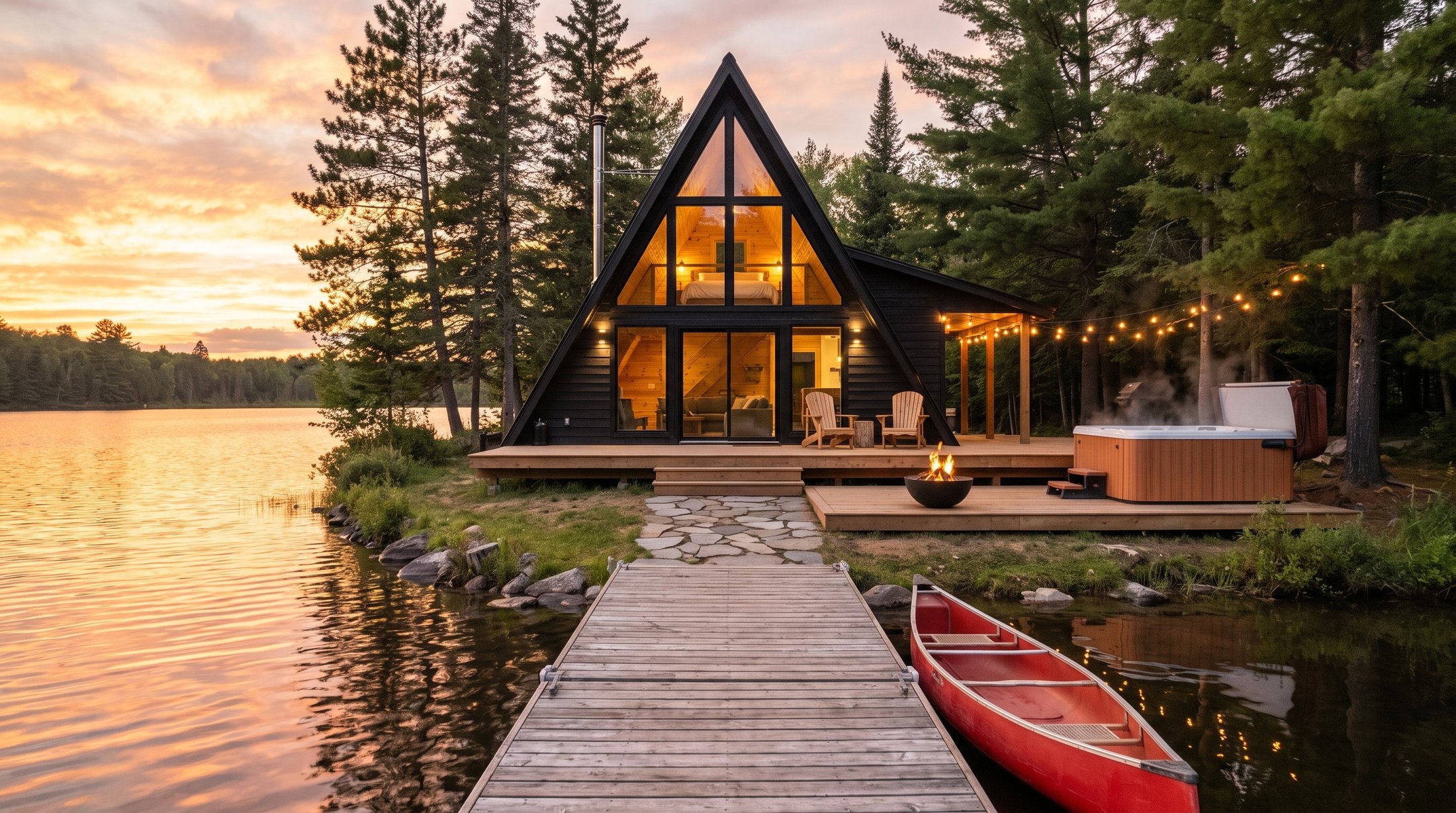 Private dock with a red canoe on a still lake at sunset